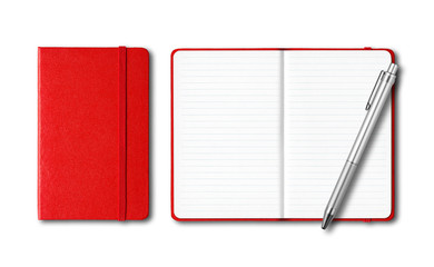 Red closed and open notebooks with a pen isolated on white