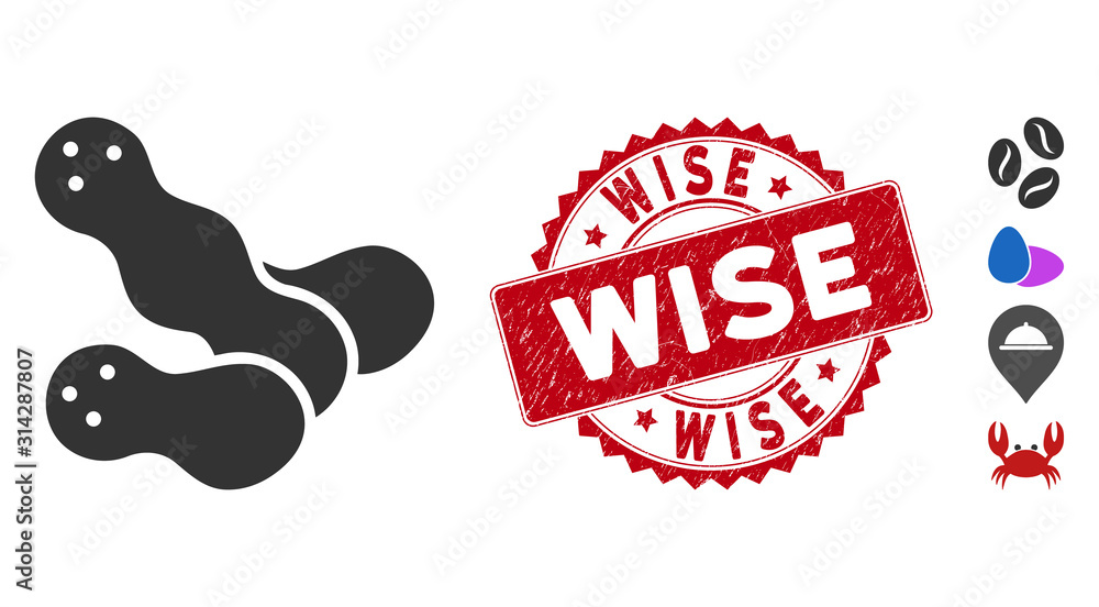 Poster vector peanuts icon and corroded round stamp seal with wise text. flat peanuts icon is isolated on a
