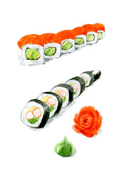 Set of The Philadelphia roll and Rolls with avocado and crab, served with ginger and wasabi. Hand drawn watercolor illustration