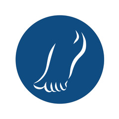 Round icon with white silhouette of a bare foot on a blue background. Vector illustration.