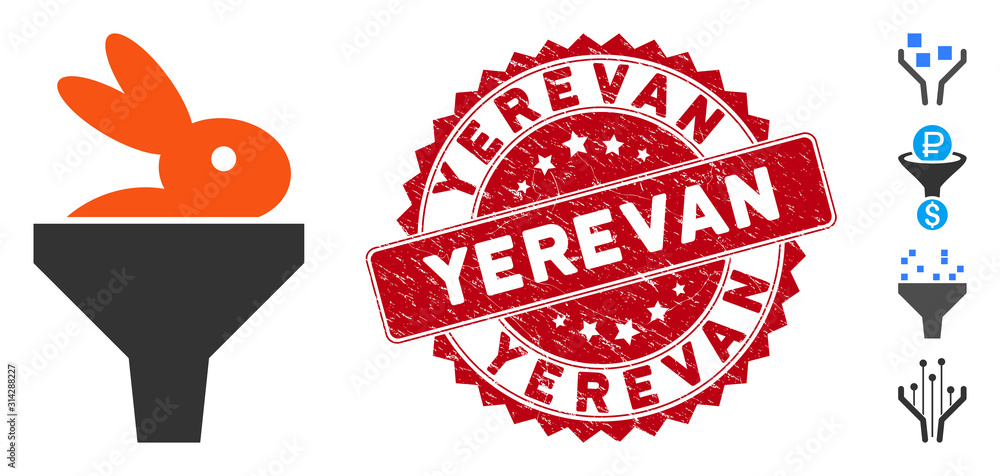 Poster vector rabbit puree funnel icon and corroded round stamp seal with yerevan caption. flat rabbit pure