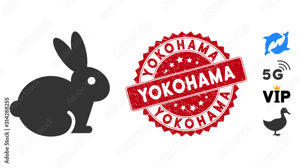 Poster vector rabbit icon and grunge round stamp watermark with yokohama caption. flat rabbit icon is isola