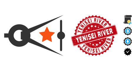 Vector quality inspection icon and rubber round stamp seal with Yenisei River phrase. Flat quality inspection icon is isolated on a white background.