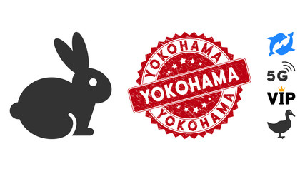 Vector rabbit icon and grunge round stamp watermark with Yokohama caption. Flat rabbit icon is isolated on a white background. Yokohama stamp seal uses red color and grunged design.