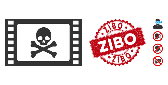 Vector stolen movie icon and grunge round stamp seal with Zibo phrase. Flat stolen movie icon is isolated on a white background. Zibo stamp seal uses red color and grunge design.