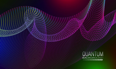 Quantum background design with iridescent dots and lines abstraction. Futuristic banner template.