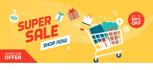 Online shopping promotional sale banner with full shopping cart
