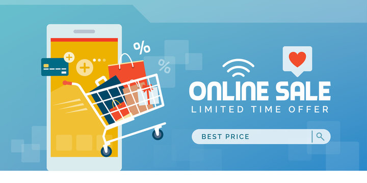 Online shopping promotional sale banner with full shopping cart and smartphone