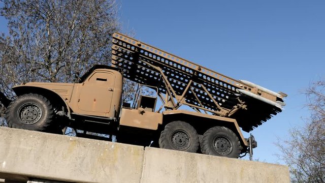 Ancient Russian Katyusha rocket launcher side view 4K video