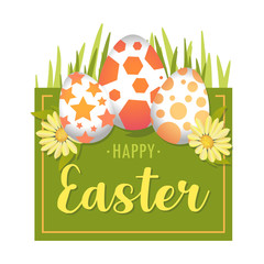 Vector illustration green square Happy Easter background with realistic Easter eggs and spring flowers. Easter card, poster, invitation, banner. Three eggs, grass, yellow flowers and lettering 
