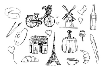 Outline objects of Paris. Hand drawn ink sketch converted to vector - obrazy, fototapety, plakaty