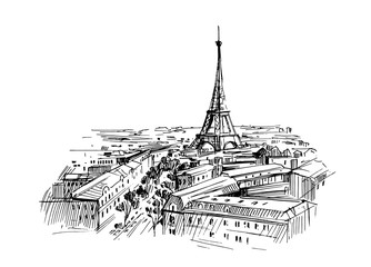 Fototapeta Illustration of paris with eiffel tower. Hand drawn ink sketch converted to vector. obraz