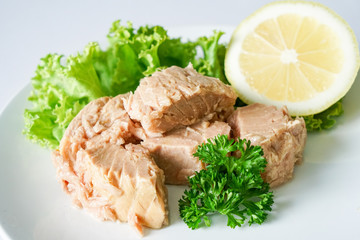 Tuna chunk on white plate.