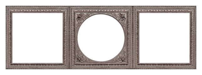 Triple silver frame (triptych) for paintings, mirrors or photos isolated on white background