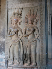 Stone rock carving art decoration ruin of ancient temple complex Angkor Wat in Siem Reap, Cambodia