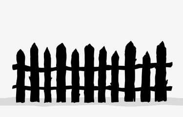 Old rustic fence silhouette isolated on white background.