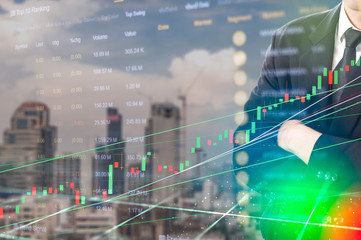 Stock market digital graph chart on LED display concept. A large display of daily stock market price and quotation. Indicator financial forex trade education background.