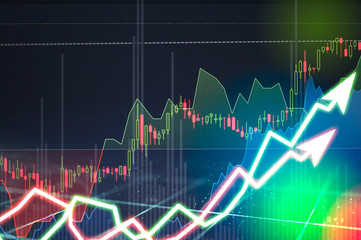 Stock market digital graph chart on LED display concept. A large display of daily stock market price and quotation. Indicator financial forex trade education background.