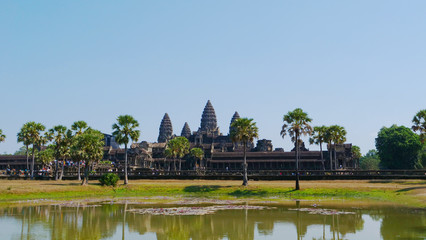 Fototapeta na wymiar Popular tourist attraction landscape view of ancient temple complex Angkor Wat in Siem Reap, Cambodia
