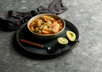french soup made from diced tripe, the stomach of a cow or pig, Normandy, France,  Tripes a la mode de Caen