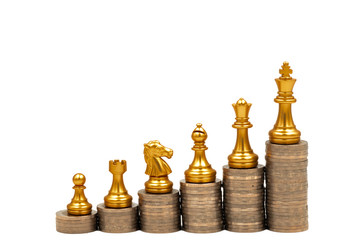 Chess stand on stack of coins. Business strategy and development concept. Pawn keeps growing until...