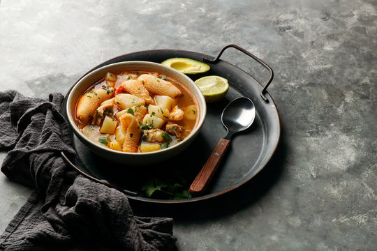 french soup made from diced tripe, the stomach of a cow or pig, Normandy, France,  Tripes a la mode de Caen