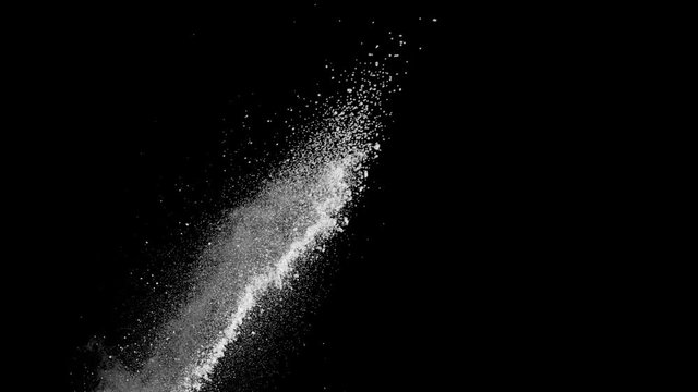 Realistic white powder dust explosion on black background. Slow motion with acceleration in vertical motion