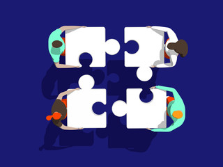 Teamwork business solution concept with persons and puzzle elements. Team Metaphor. Template for web banner, landing page. Flat vector illustration isolated on dark blue background. - obrazy, fototapety, plakaty