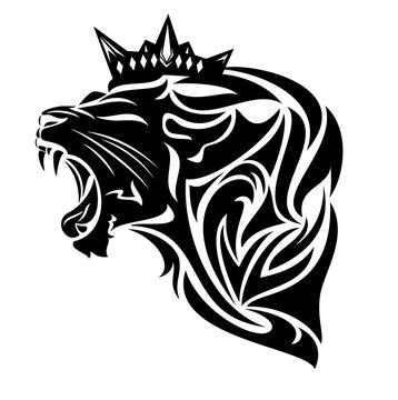 roaring king lion wearing royal crown - furious animal profile head black and white vector design