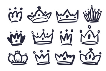 Crown Hand drawn logo graffiti icon collection. elegant queen or king crowns.