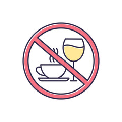 Caffeine and alcohol refusal color icon. Deny wine and coffee. No unhealthy habits. Stop sign with beverages. Anxiety and insomnia prevention. Self-efficacy. Isolated vector illustration