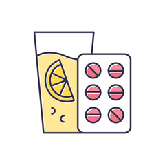 Vitamin intake color icon. Orange juice. Diet supplement. Citrus drink with vitamin C. Fruit beverage. Healthcare and nutrition. Multivitamin complex. Organic remedy. Isolated vector illustration