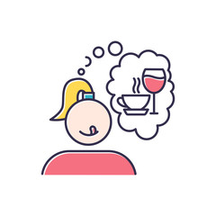 Alcohol and coffee craving color icon. Thirsty woman. Woman thinking of wine. Unhealthy eating habit. Thought of drinks. Girl desire for tea. Tasty beverage. Isolated vector illustration