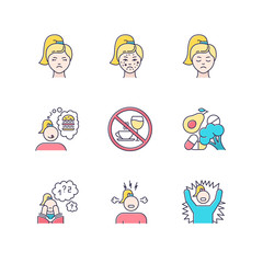 Predmenstrual syndrome color icons set. Female facial treatment. Acne and pimples. Sadness and stress. Food craving. Emotional outburst. Healthy diet. Poor concentration. Isolated vector illustrations