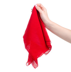 Red silk scarf in hand fashion on white background isolation
