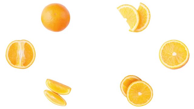 Set from pieces of fresh oranges and lemons, isolated on white background, stop motion