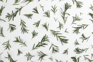 Composition with fresh rosemary on white background, top view