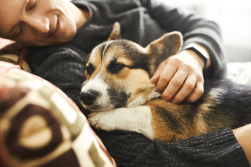 Portrait of young man hugs his pet. Cute Welsh Corgi puppy resting with owner, spending time together at home. Concept friendship with dog and human, cute moments, relaxing, carefree. focus on the