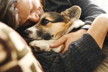 Fototapety  Portrait of young man embracing his pet. Cute Welsh Corgi puppy resting with owner, spending time together at home. Concept friendship with dog and human, cute moments, relaxing, carefree.