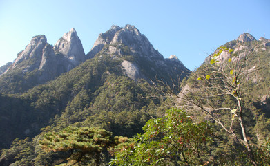 Huangshan Mountain in Anhui Province, China. Beautiful mountain scenery seen from the eastern steps. Huangshan (Yellow Mountain) is famous for its rugged cliffs, soaring peaks and forested slopes.