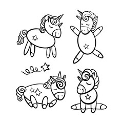Unicorn vector. Horse sleep. Colored book. Sticker, icon isolated. Cute magic cartoon fantasy animal. Dream symbol. Design for children, baby room interior, scandinavian style