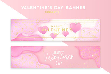 Happy Valentines day pink background with gold glitter and confetti. Rose red pink wave shapes. Liquid cream, realistic 3d. Vector illustration, design concept