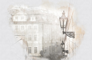 abstract architecture sketch style image of Prague with old beautiful houses