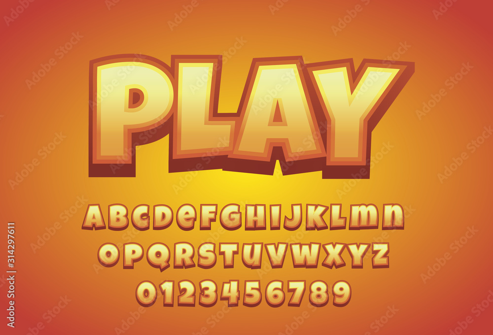 Poster play - text effect with modern 3d design, gradient font complete set alphabet for game title or logo