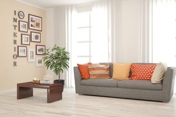 Stylish room in white color with colorful sofa. Scandinavian interior design. 3D illustration