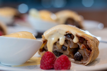  apple strudel with vanilla sauce on plate