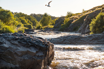 stone and river fast flowing water with foam and rapids swift