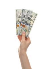 Woman with money on white background, closeup
