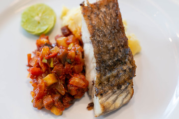  snow fish steak on white plate
