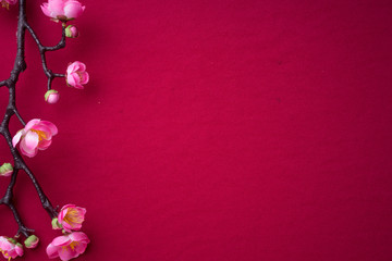 Chinese New Year decorations with red background with assorted festival decorations. Chinese characters means abundant of wealth, prosperity and luck. Flat lay.